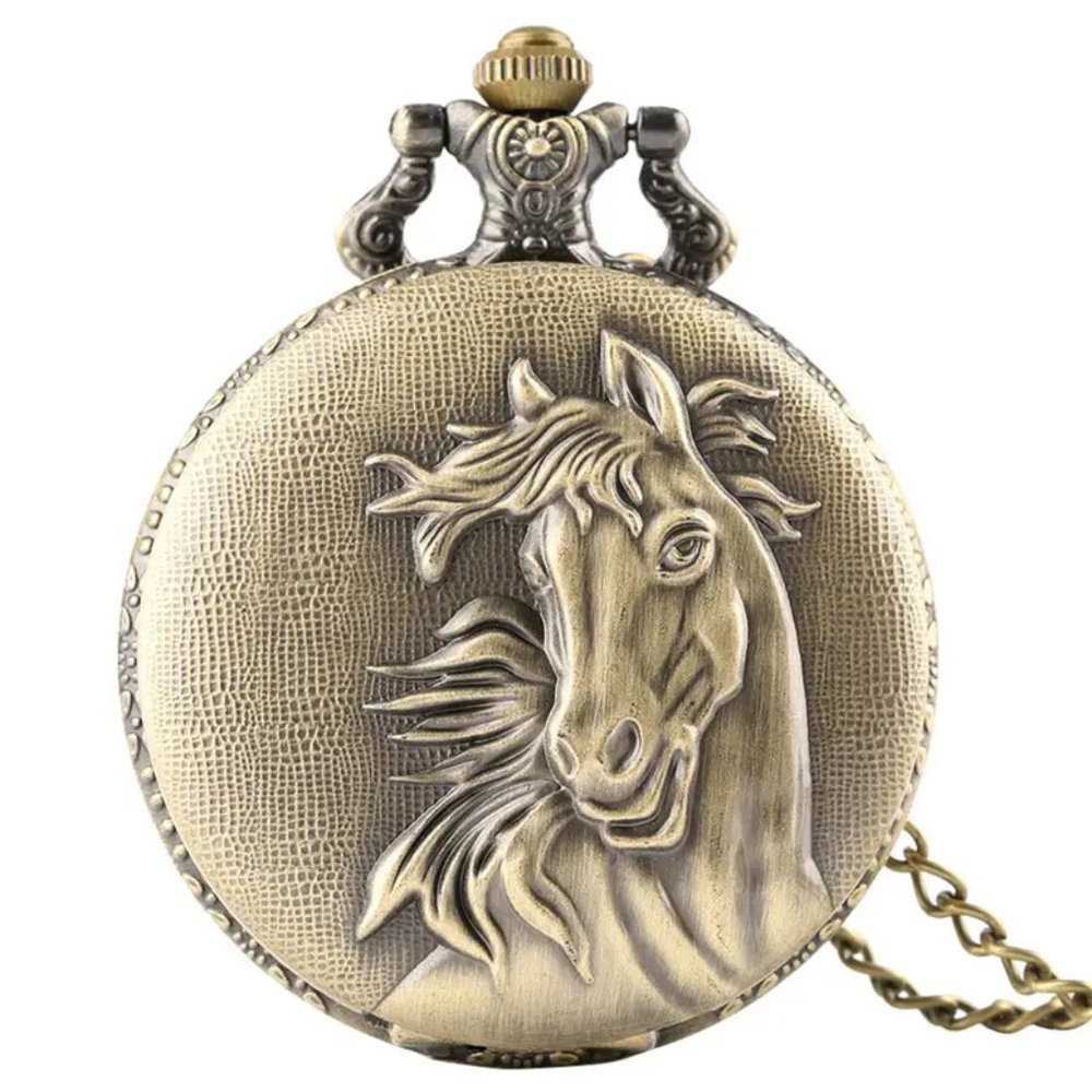 Horse Vintage Bronze Pocket Watch with Chain Necklace Unique - Picture 2 of 7
